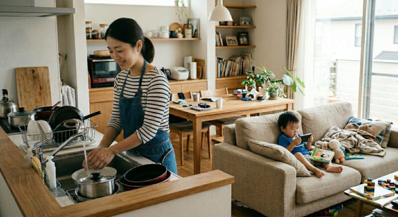 家事をする女性と子供